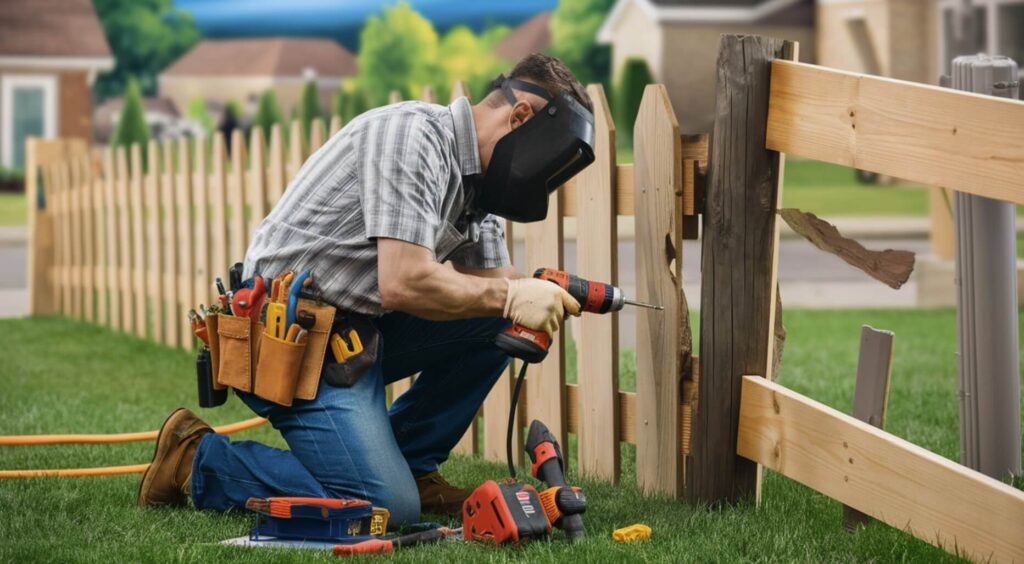 Handyman har repareret et hegn hos en villaejer