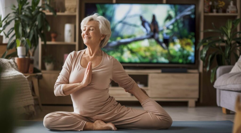 Ældre kvinde træner yoga foran sit tv i stuen