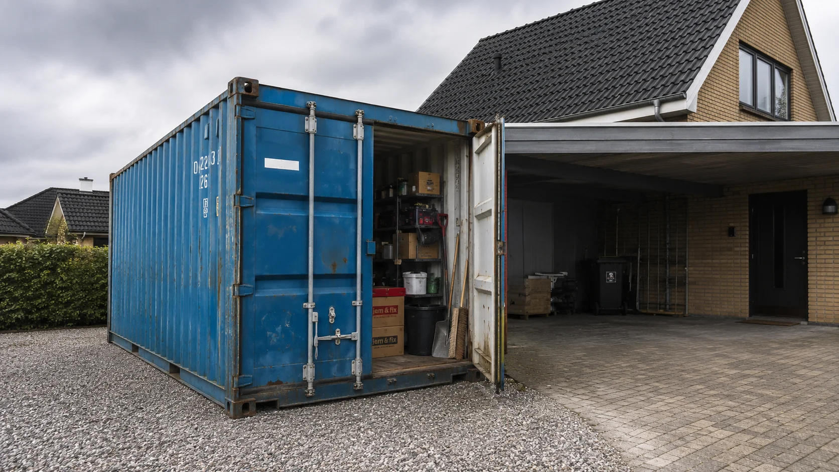 Brugt blå 20 fods container til opbevaring i indkørslen ved et dansk parcelhus