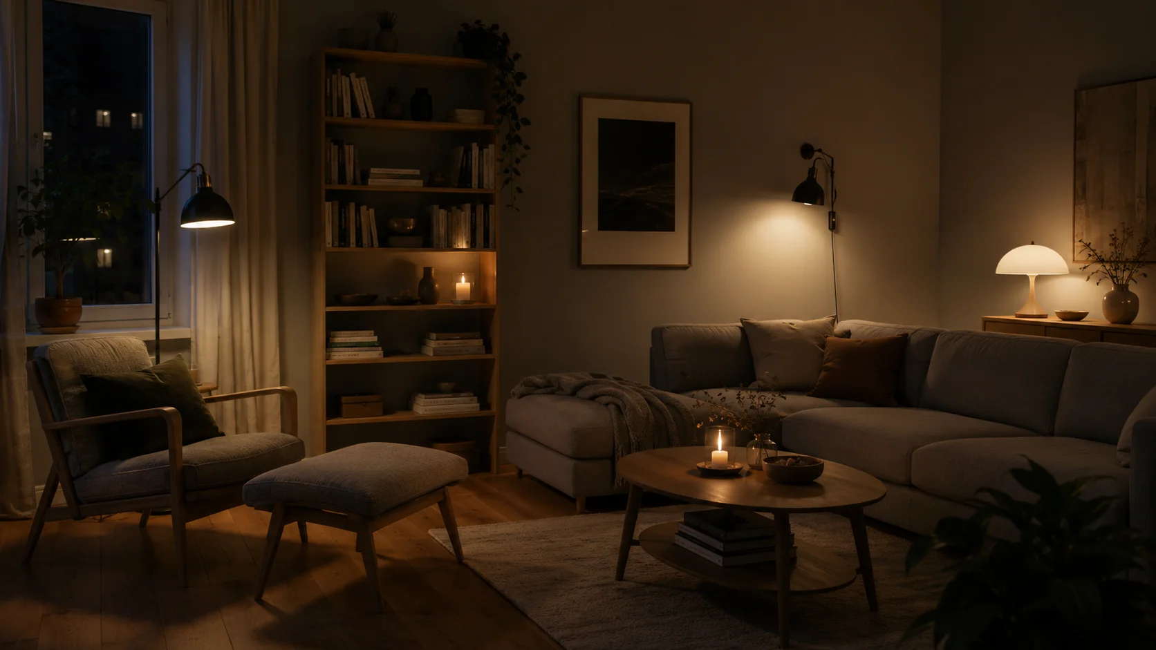 Stue om aftenen oplyst af gulvlampe, væglampe, bordlampe og stearinlys