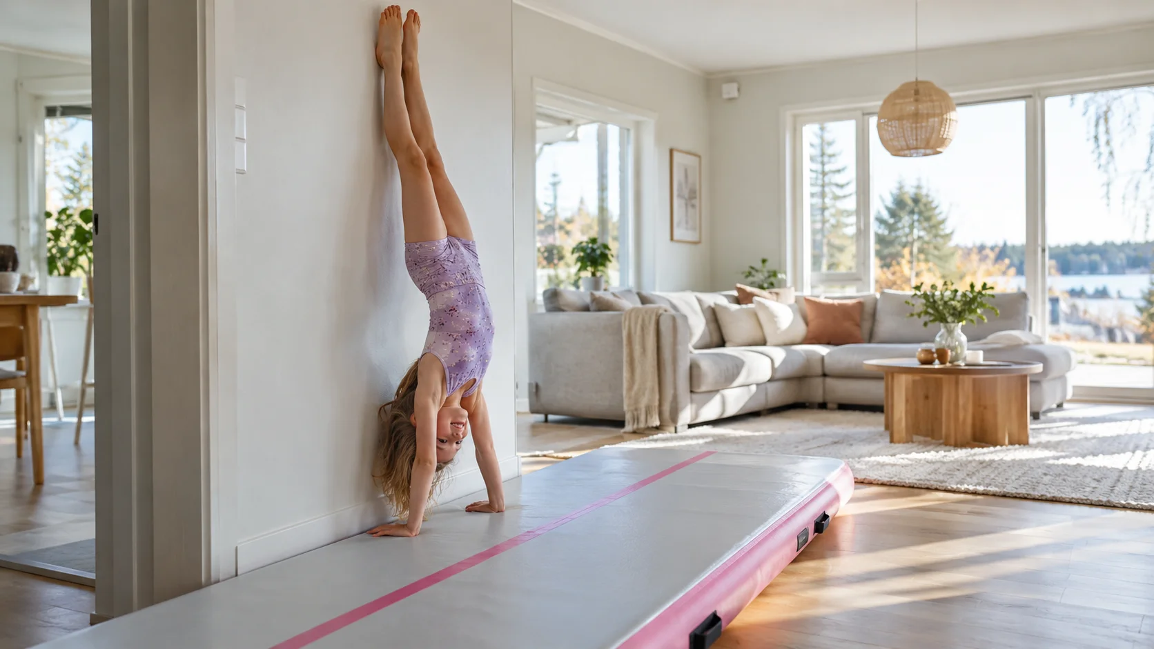 Pige står på hænder på en airtrack i stuen mens hun venter på plads på et gymnastikhold